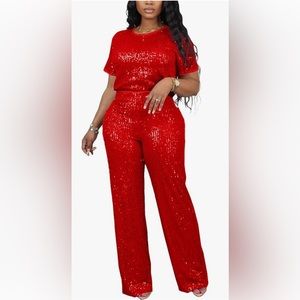 Red two piece sequin pant suit